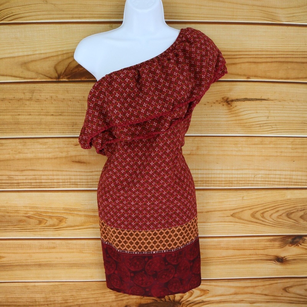 Xhilaration One Shoulder Dress Ruffle Womens S Red Geometric Floral Knee Length
